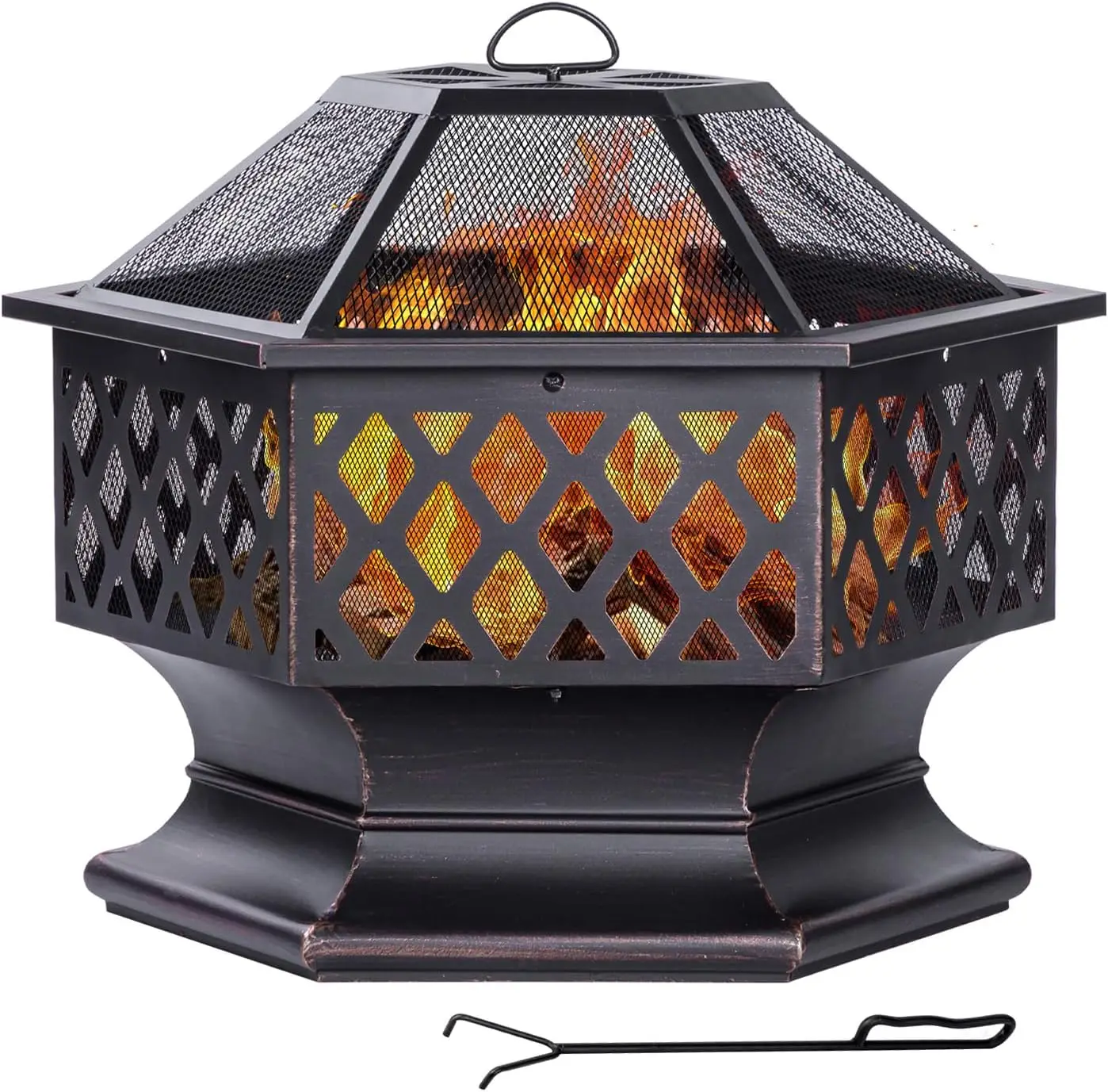 28-Inch Hexagon Outdoor Wood-Burning Fire Pit in Antique Bronze for Patio, Backyard, and Camping