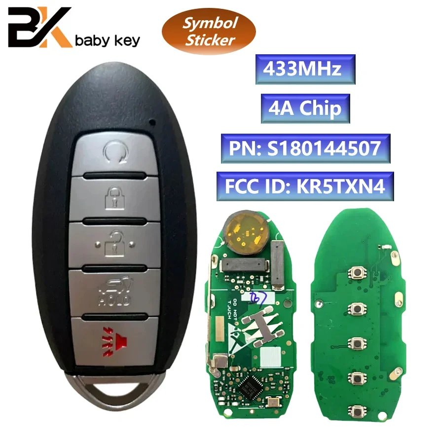 BB Key-chave remota do carro para Nissan Rouge, Keyless Go, 433MHz, Chip 4A, 5 botões, FCC ID: KR5TXN4, Keyless Go, S180144507, 2018, 2019, 2020, 2021