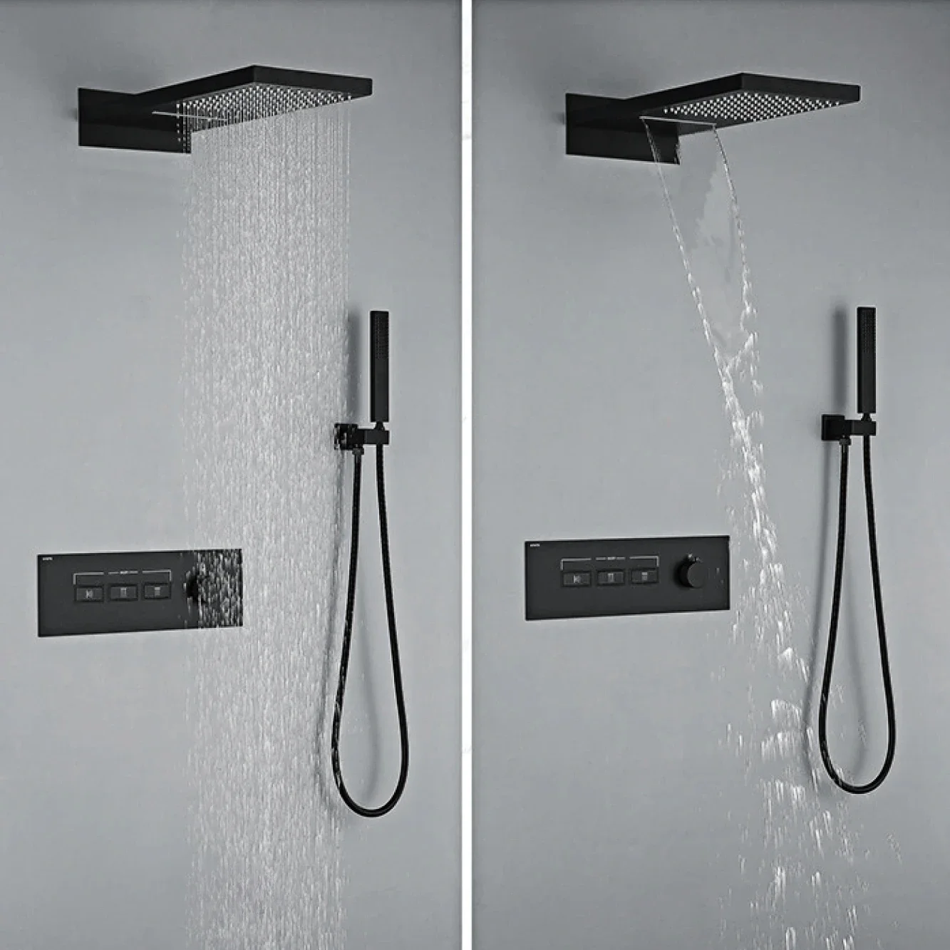 High-end simple black brass shower faucet key switch wall-mounted design three-function waterfall water outlet shower system