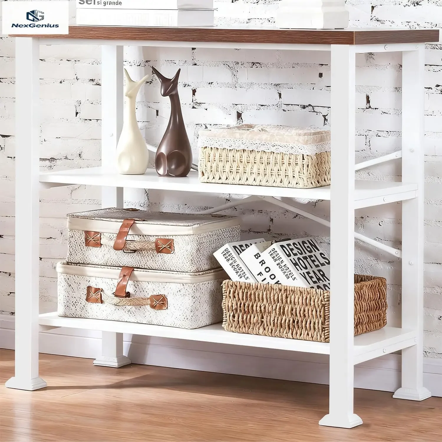 

3 Tier Bookshelf,White Brown Industrial Book Shelf,Engineered Wood and Metal Small Bookcases,Low Shelf Bookcase for Living Room,