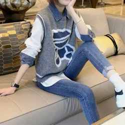 Waistcoat Loose Pullover Knit Vests for Women Gray Bear Lady Sweaters Cheap Clothes Vintage Clothing Trend 2024 Sales Classic