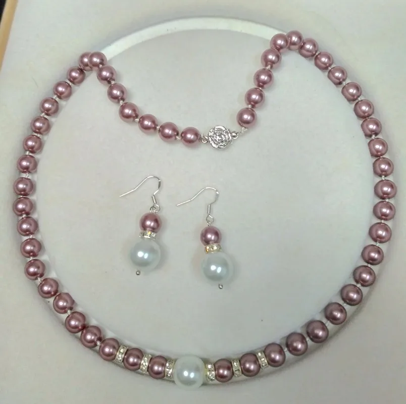 

8-12mm white purple Akoya Shell Pearl necklace AAA 18 inches Earring Set Y05