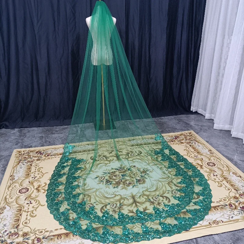 1 طبقة الدانتيل مع الحجاب الزفاف الترتر 3 أمتار طول الكاتدرائية الأخضر الحجاب الزفاف