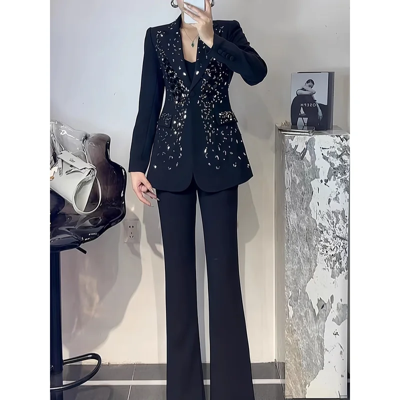

Workplace Commuting Suit 2025 Autum Hot Diamond Design Long Sleeve Outwear Blazer + High-waisted Slimming Straight-leg Pants Set