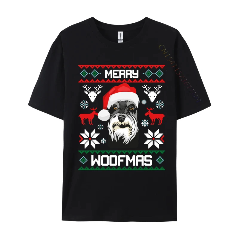 Miniature Schnauzer Merry Woofmas For Christmas Clothes T-Shirts 100% Cotton Fabric Men Short Sleeve Tops & Tees Design