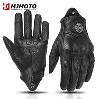 Guantes de Moto de cuero genuino Vintage, Guantes de Moto transpirables perforados negros, Guantes de Moto de Motocross con dedos completos