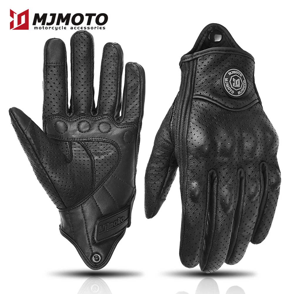 Vintage Genuine Leather Motorcycle Gloves Black Perforated Breathable Motorbike Gloves Full Finger Motocross Biker Moto Guantes