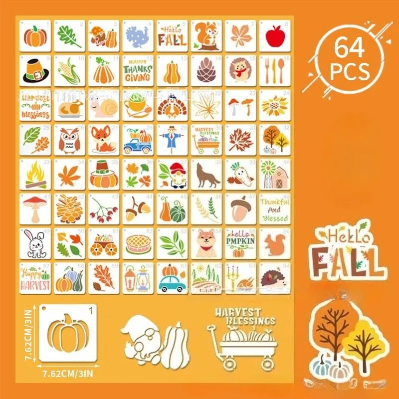 

64 Pcs Painting Stencils Reusable Autumn Harvest Pumpkin Stencil Art Template Assorted Drawing Templates Decorative Scrapbooking