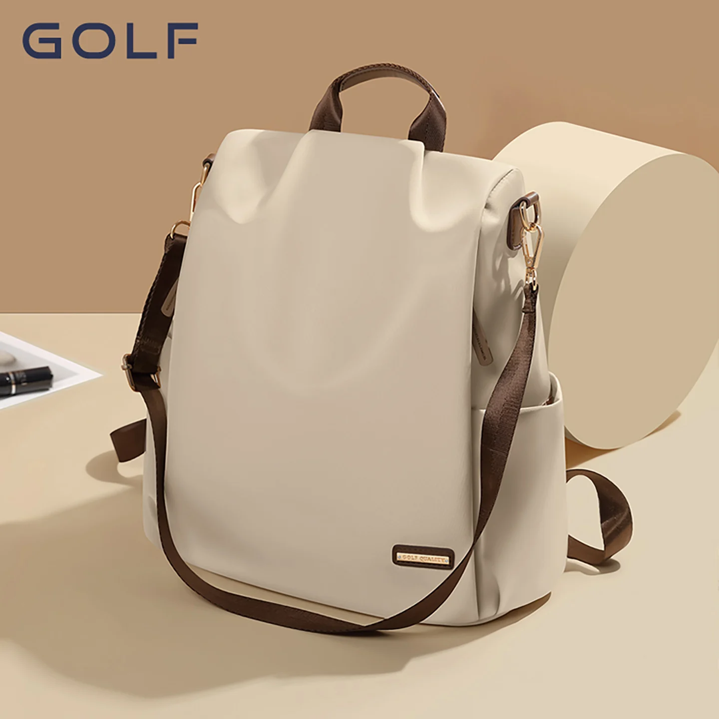 GOLF Fashion Backpacks for Women Casual Oxford Cloth Shoulder Bag Multifunctional Travel Backpack Versatile Sling Bag Apricot