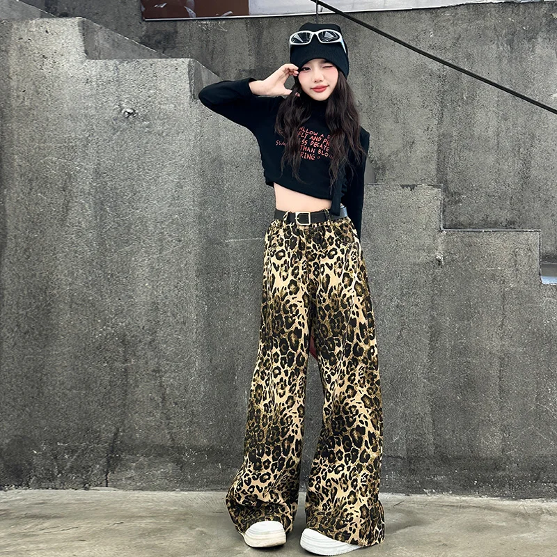 autumn teen girls Street Dance Set cotton letter tops+leopard print wide leg pants 2pcs junior kids clothes suit child outfits