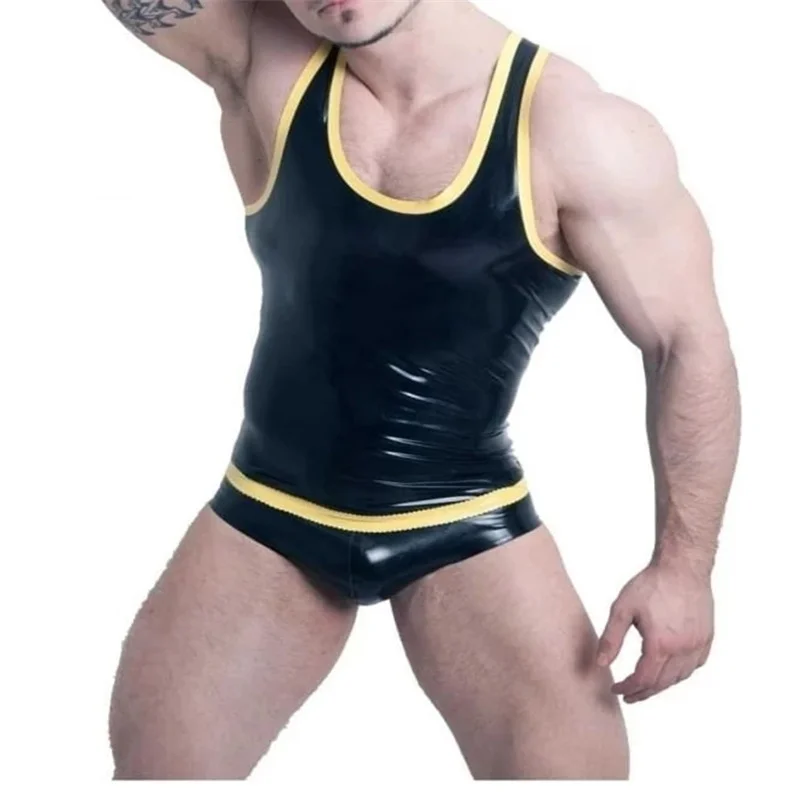 Handmade Latex T-shirts Vest Black with Yellow Men Tops