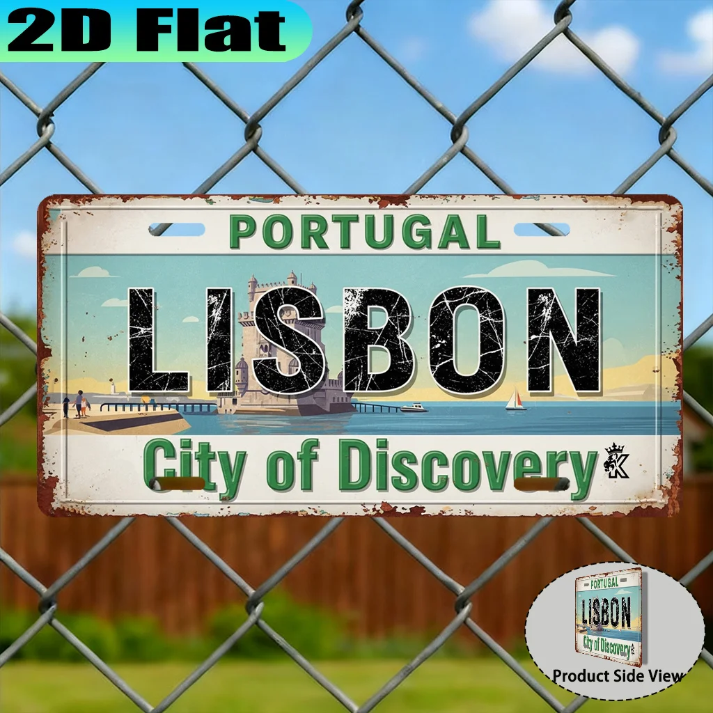 2D Flat - Lisbon City of Discovery Retro Aluminum Sign License Plate, Vintage Urban Style, Travel Enthusiast Souvenir