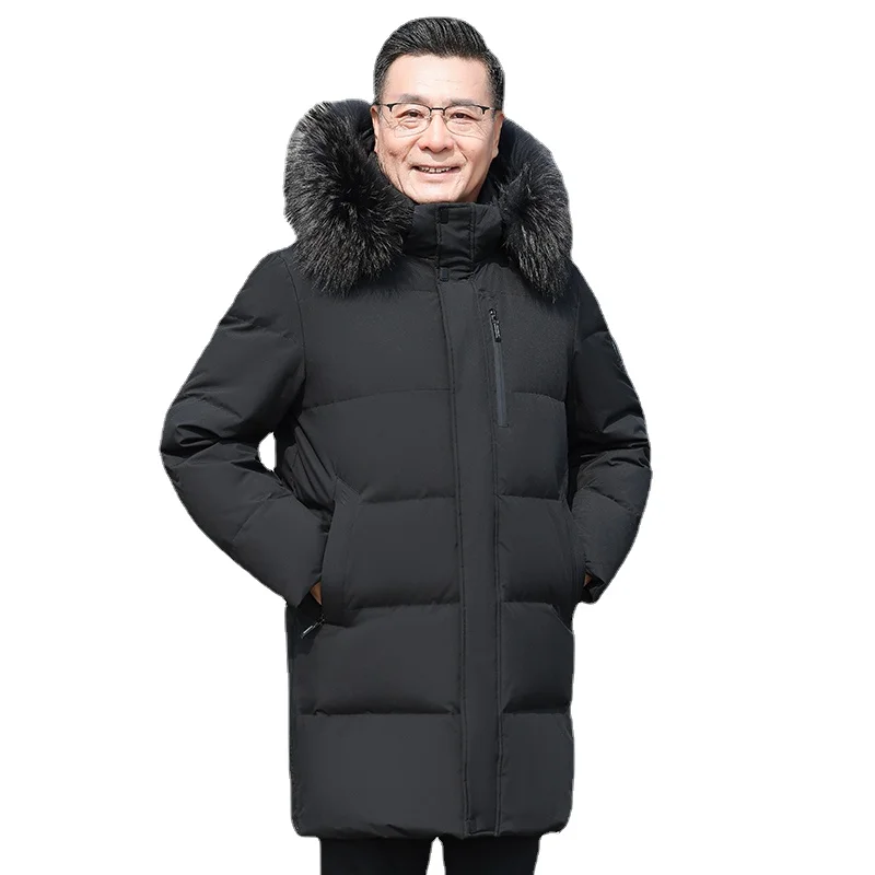 Down Jacket Coating Cloth Solid Color Detachable Hat Business Casual Detachable Collar Winter Coat  Middle-Aged and Elderly Men