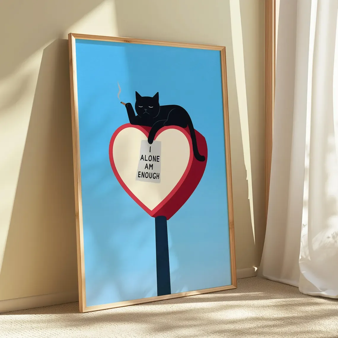 Rebel Self-Love Cat Wall Art - Clean Graphic Print of a Confident Black Cat Embracing Solitude, Blending Edgy Humor with a Messa