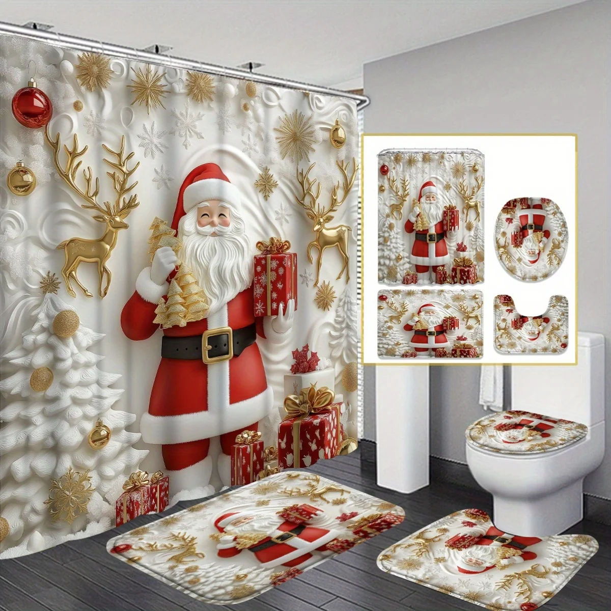 

4pcs 3D Santa Claus Tree Platinum Red Shower Curtain Set with Non-Slip Rug & Toilet Mats, Polyester Washable for Christmas Decor