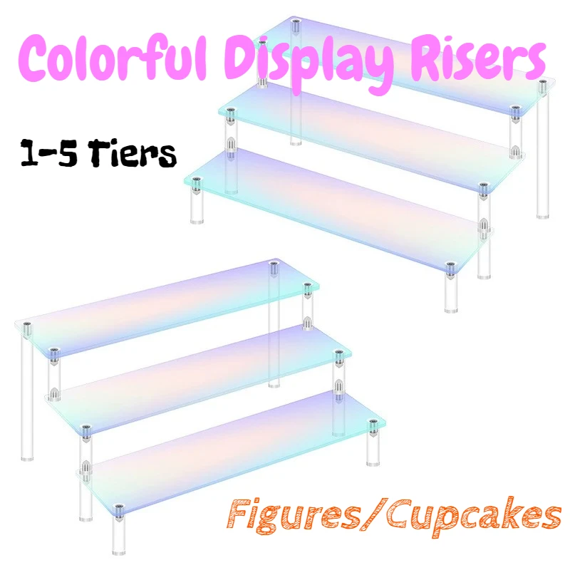 1-5 Tier Iridescent & Colorful Acrylic Display Risers for Figures Collectibles Cupcakes Perfumes Jewelry Cosmetics Storage