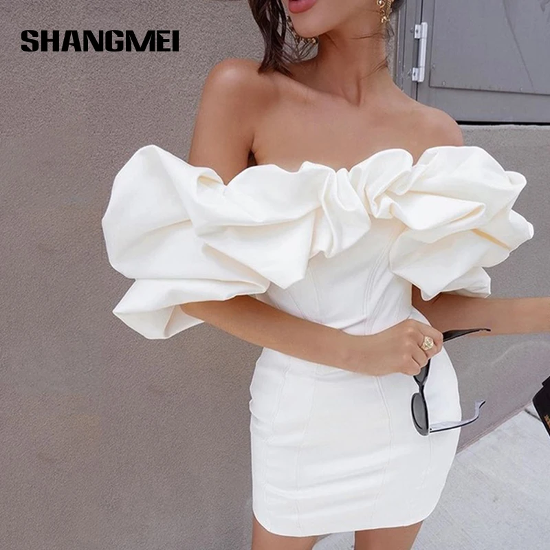 Elegant Ruffles Slash Neck Sexy Dress Women Evening Party Dresses Night Club Wear Slim Fit Bodycon Mini Dress Black White