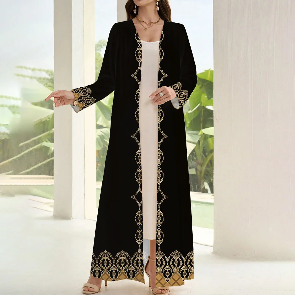 Black Femme Islamic Clothing Open Kimono Abaya Women Dubai 2024Turkey Moroccan Kaftan Two Pieces Elegance Print Abaya Dresses