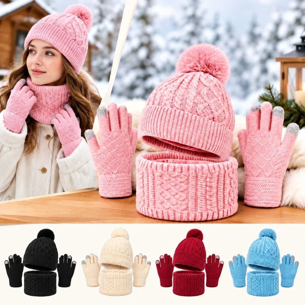 3PCS with Pom Pom Knit Hat Scarf Gloves Set Thickened Warm Windproof Neck Warmer Scarf Coldproof Soft Cozy Ribbed Beanie Women
