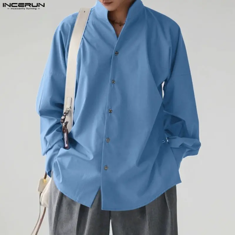 

INCERUN Men Shirt Solid Color Stand Collar Long Sleeve Button Men Clothing Streetwear Loose Korean Style Fashion Casual Tops