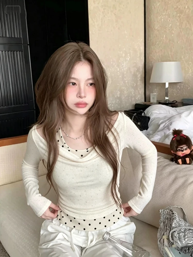 Sweet Style Long Sleeve T-Shirt Polka Dot Halter Neck Inner Wear Top Peach Color Who Wears It Looks Beautiful Slim Fit Cotton...