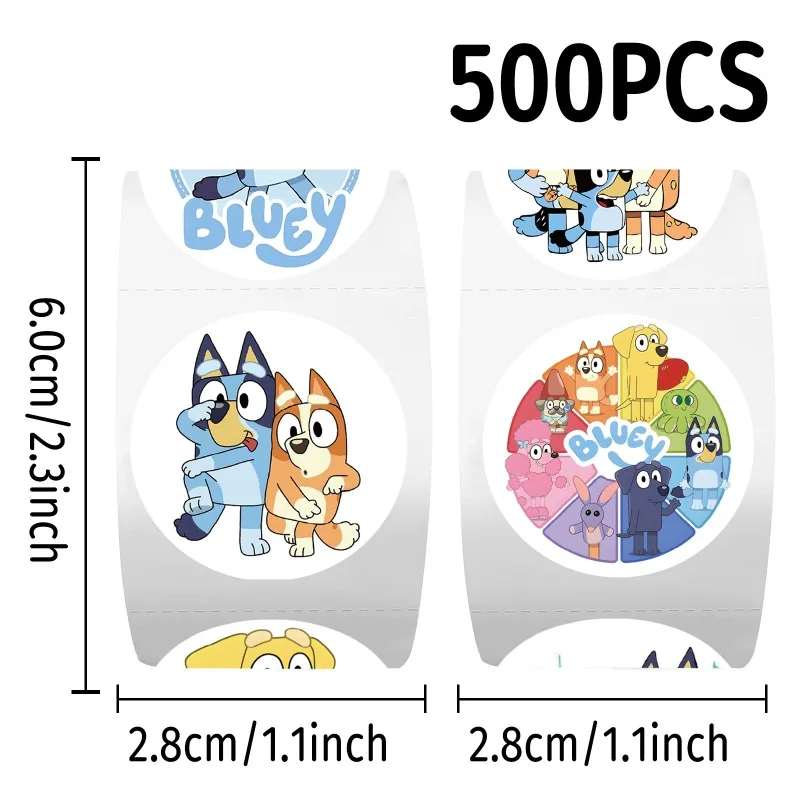Nowy rolka naklejek Bluey, 500 sztuk, taśma do dziennika, artykuły papiernicze DIY dla uczniów, małe naklejki do dekoracji, prezent urodzinowy dla dziewczynki