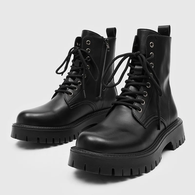 

big size men fashion high top motorcycle boots lace-up original leather shoes cowboy platform boot cool street long botas hombre