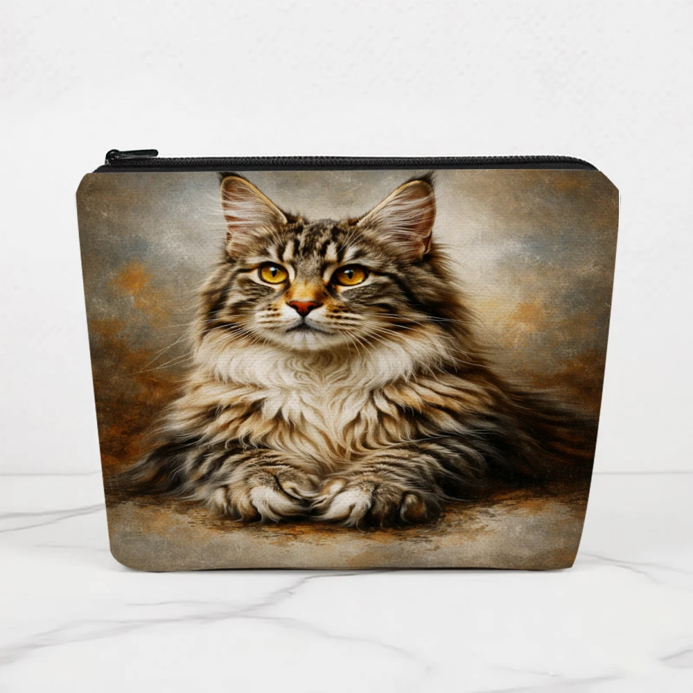 Fluffy Cat Portrait Artistic Background Makeup Bags for Girls Cosmetic Pouch Toiletry Bag Pencil Case Travel Storage