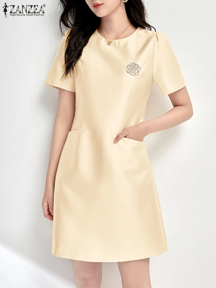 ZANZEA Women Fashion A-line Sundress Elegant 2024 Summer Solid Color Short Sleeve Knee-length Vestidos Brooch Satin Party Dress