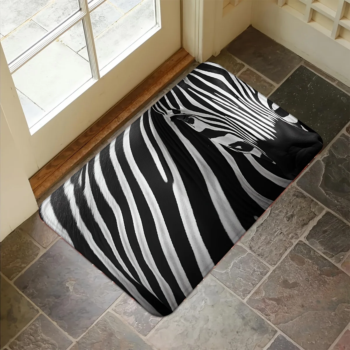 Realistic Zebra Print Doormat Black White Striped Background Printed Polyester Machine Washable Entrance Floor Mat