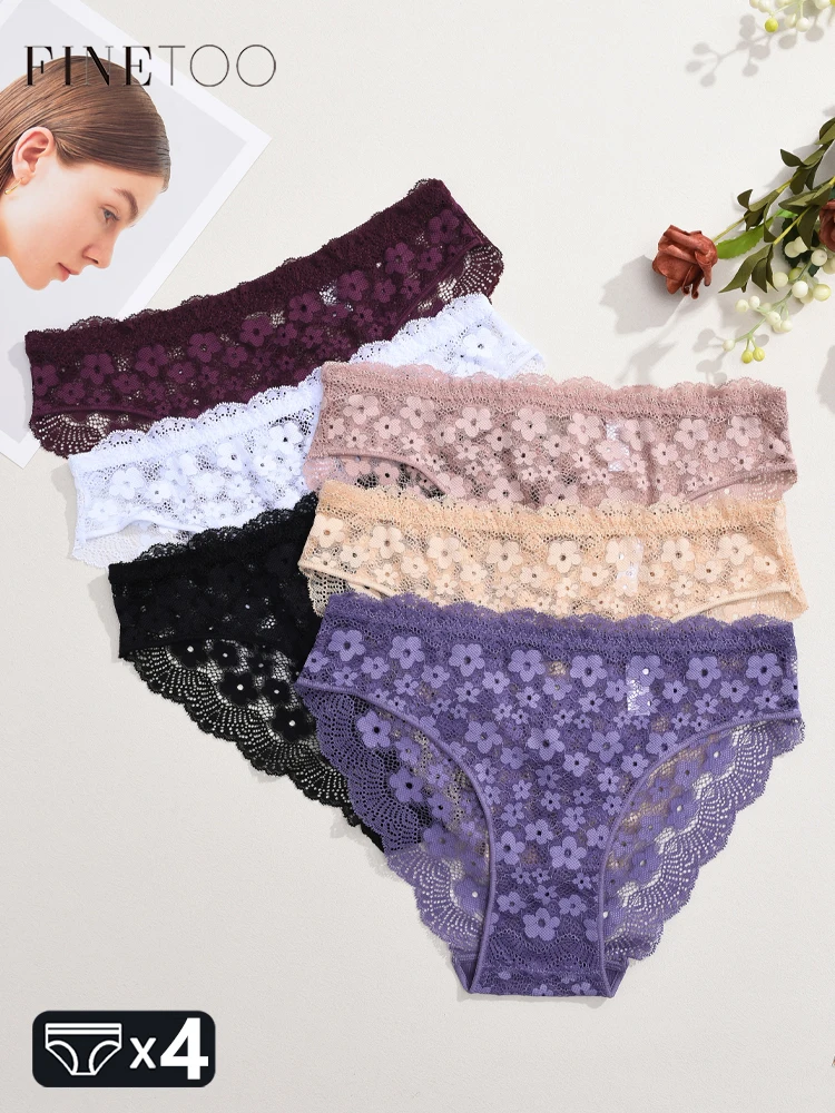 4PCS Spitze Floral Unterwäsche frauen Aushöhlen Einfarbig Höschen Sexy Perspektive Niedrigen Taille Slips Mädchen Stretchy Dessous neue
