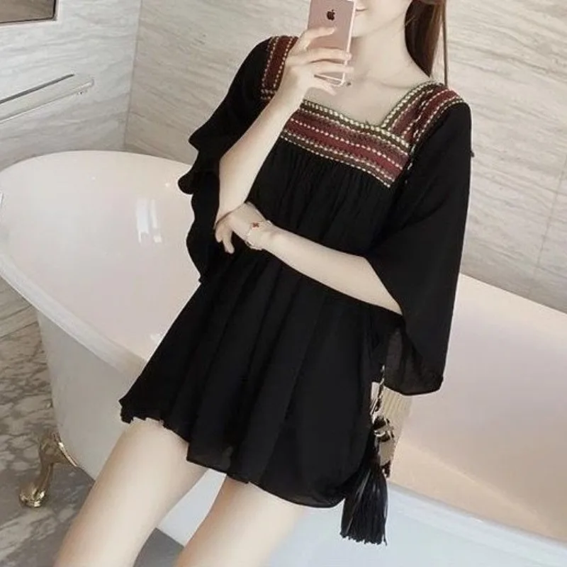 Summer Women\'s Clothing Square Collar Contrast Color Patchwork Pullover Chiffon T-shirt Loose All-match Casual Comfortable Tops