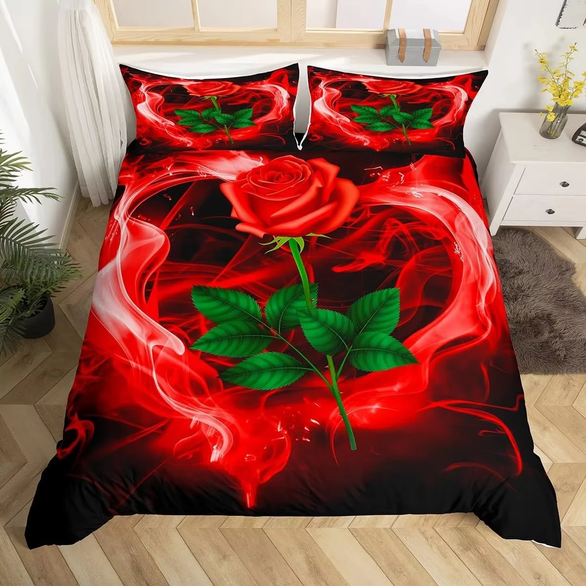Romantic Rose Floral Duvet Cover Single Queen Size Valentine's Day Bedding Set Garden Flower Comforter Cover with 2 Pillowcase