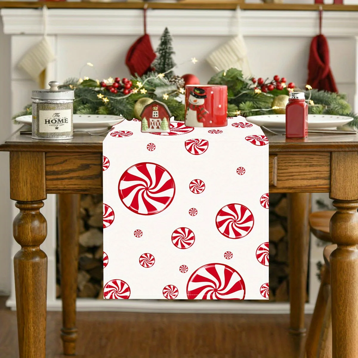 1 Piece of Christmas Candy-Themed Table Runner, Printed with Red and White Stripes on a White Background, Suitable for Christmas Parties, Dessert Shop Decorations, Kidsren's Birthday Parties, Holiday Markets, Family Gatherings, Baking Studios, Creative Cafes, Christmas Gift Scenes