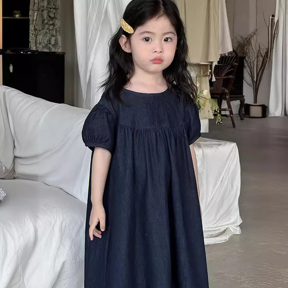 Children Dress Thin Denim Skirt 2024 Summer New Korean Style Baby Girls Old Money Style Short-sleeved Dress Fashion Skirts