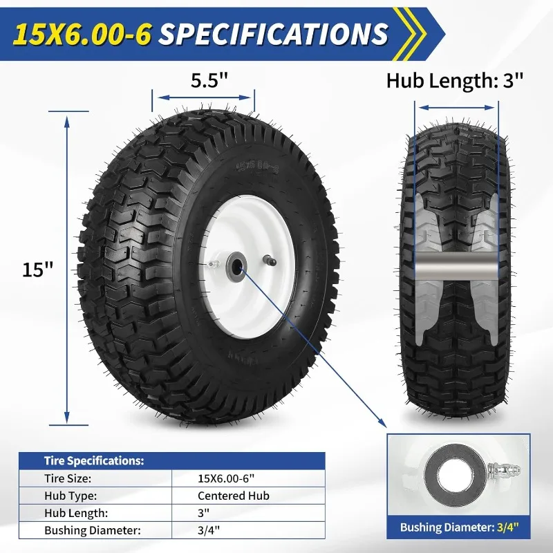 15x6.00-6 ยางเครื่องตัดหญ้ายางและล้อ,2 ชิ้นเปลี่ยน 15x6-6nhs ขี่เครื่องตัดหญ้ายางสนามหญ้าและล้อ 3/4"