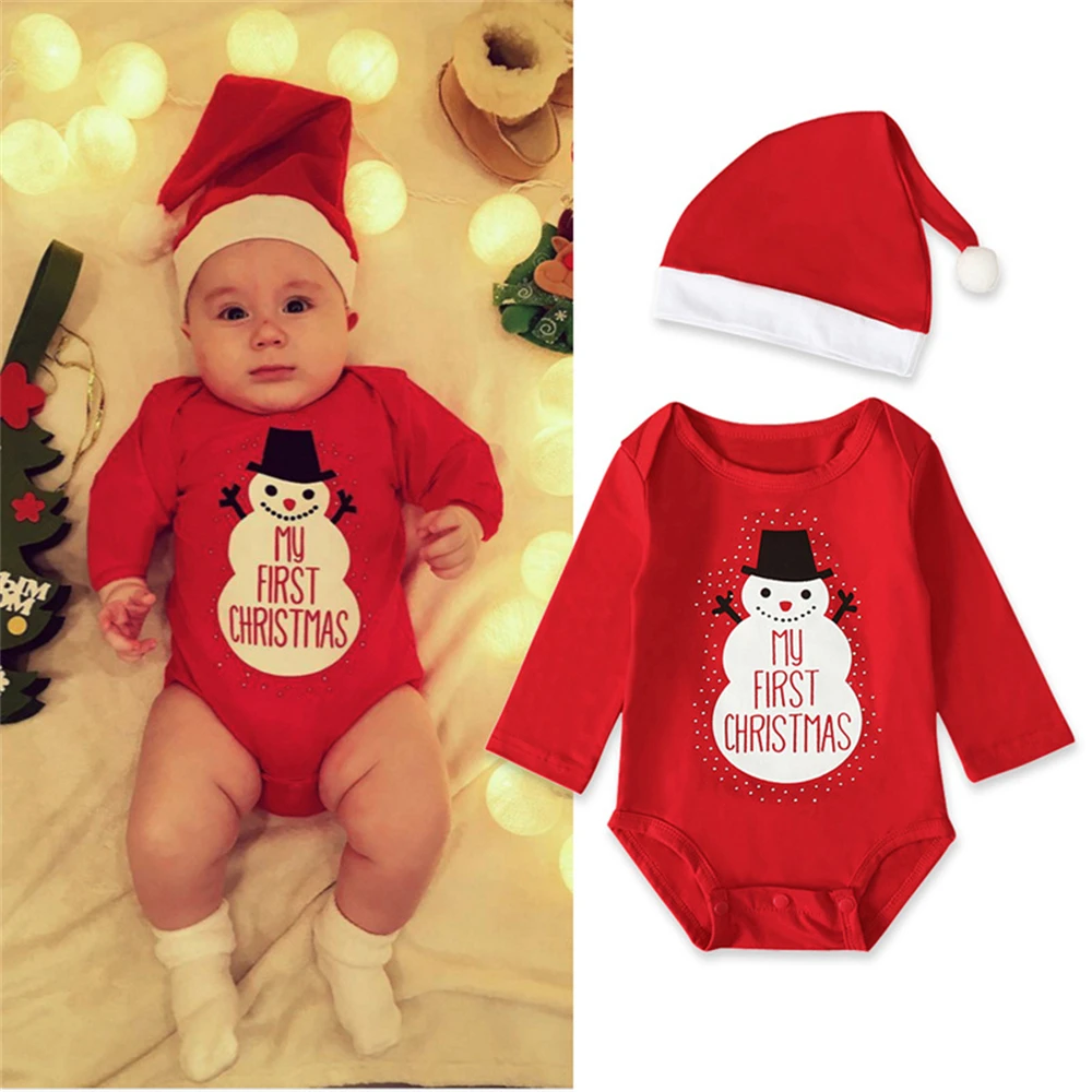 

Newborn Baby Boy Christmas Clothes Long Sleeve Bodysuit and Santa Claus Hat My First Christmas Print Infant New Year Costume