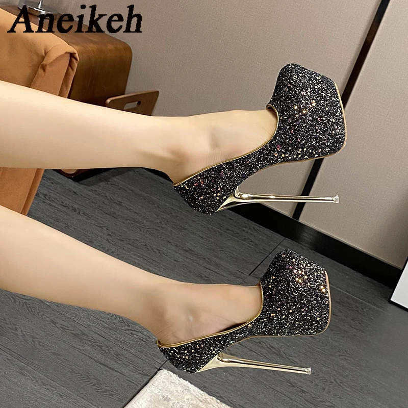 Aneikeh2024 Sequined Cloth Platform Super High Heels Women\'s Fashion Sexy Round Head Thin Heels Single Shoes Party Wedding Mules