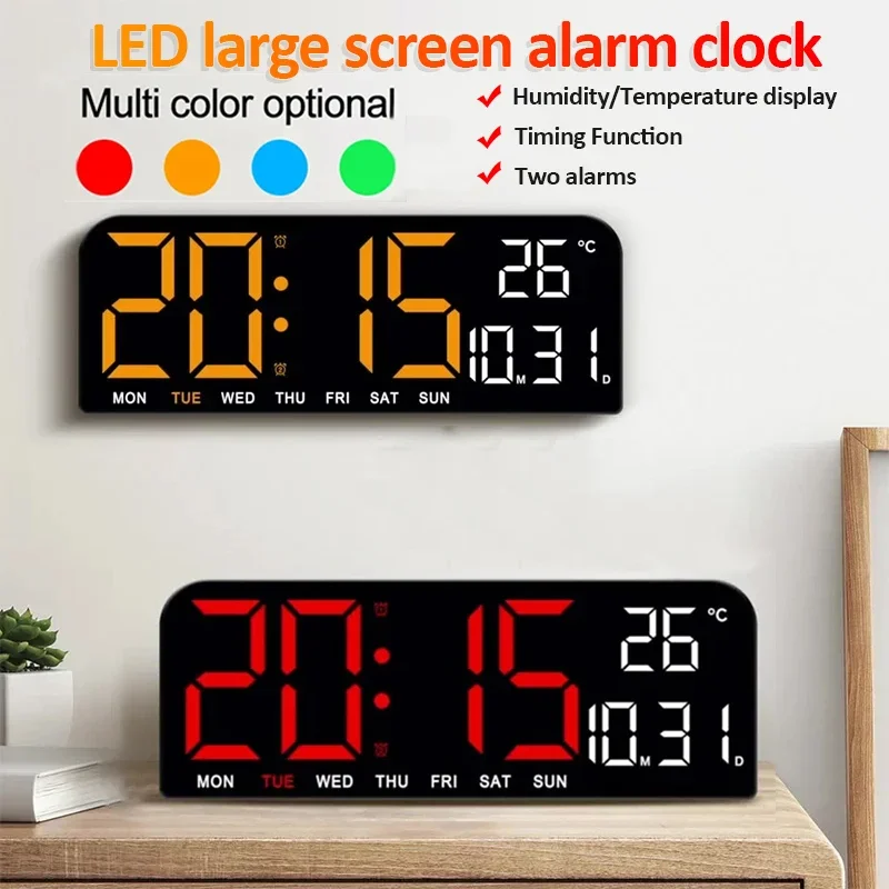 Large LED Digital Wall Clock Temperature Date Week Display Countdown Table Clock Brightness Adjustment Two Alarm 12/24h Clock