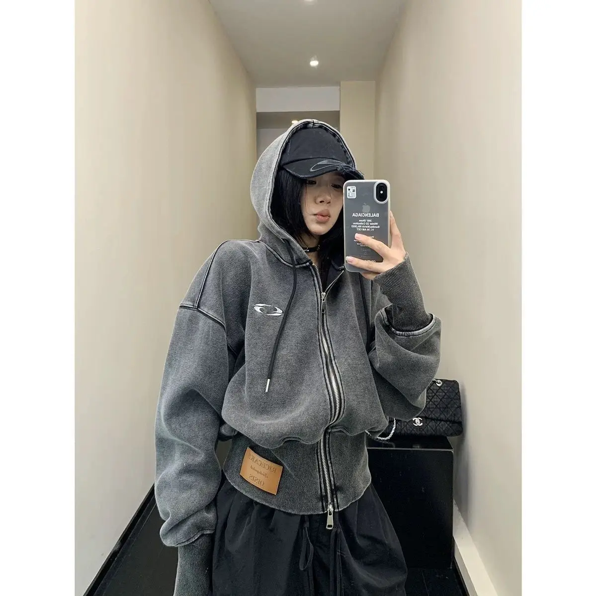 Y2K American Streetwear Washed Niche Personality Widened Thread Short Hoodie Women's Loose Retro Cotton Waist Trend Warm Jacket