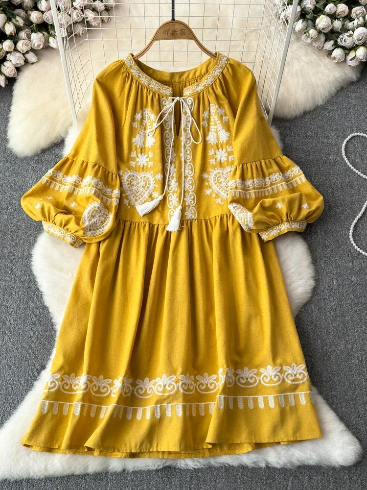 Women\'s Spring Summer Dress Bohemian Retro Ethnic Style Diamond Cotton Linen Blend Embroidered Lantern Sleeves Mini Dress A20