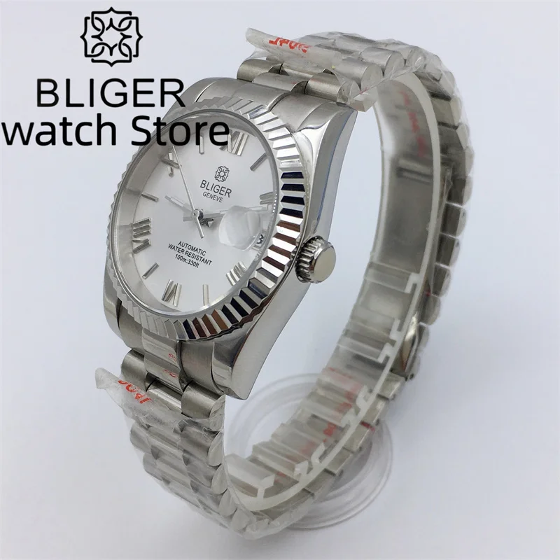 BLIGER NH35A Mechanical Watch for Men Stainless steel Bracelet 36mm/39mm Fluted Bezel Sapphire glass Roman numerals  dial