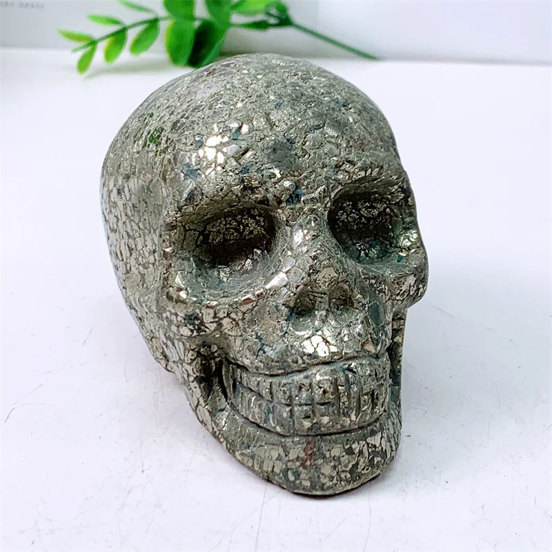 Natural Pyrite Skull Carvings, Mini Statue Figurine, Crystal Room Decor, Halloween Decoration, Witchcraft Gift, 0.89kg, 1Pc