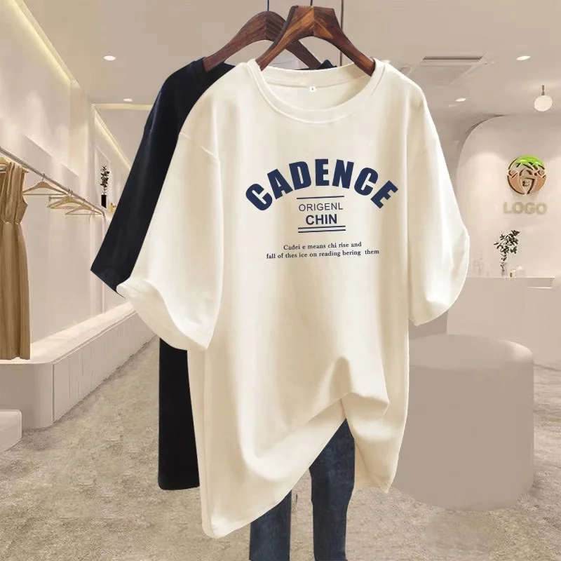 

Pure Cotton Short-Sleeved T-Shirt For Women 2025 Summer New Style Loose Mid-Length Solid Color Round Neck Letter Casual Top