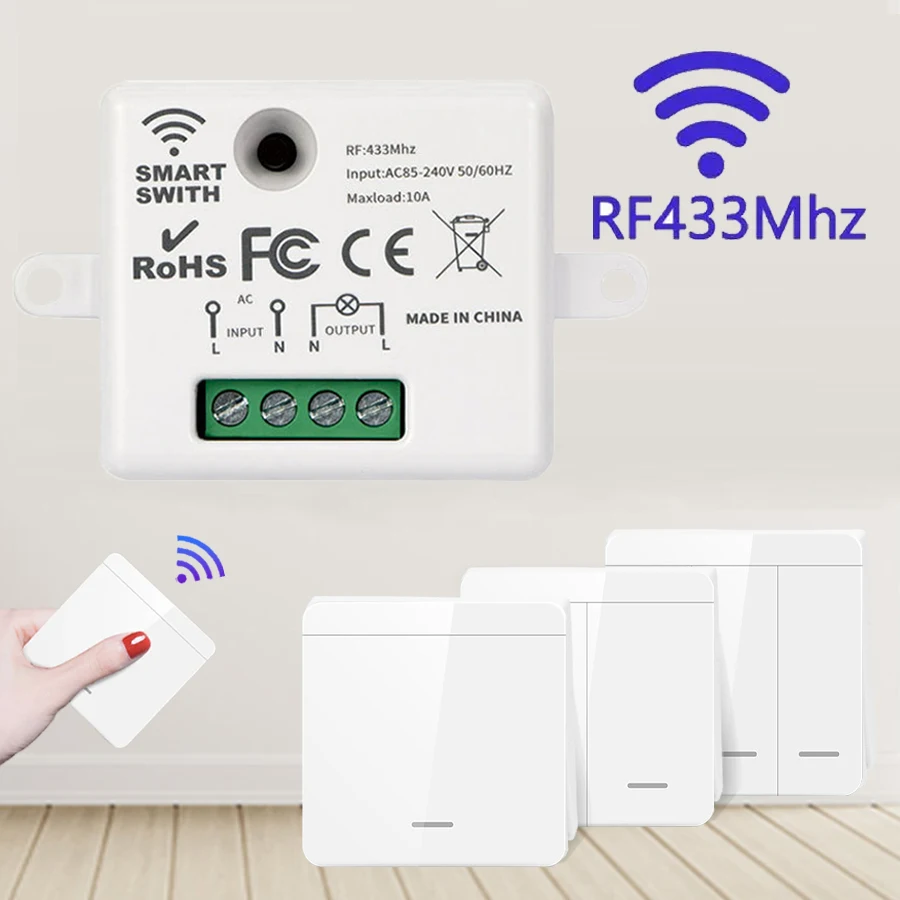 RF 433Mhz Drahtloser Fernbedienungs-Lichtschalter 10A Relais-Controller Mini-Modul Wandpanel Smart-Schalter für LED-Lampe AC110V 220V