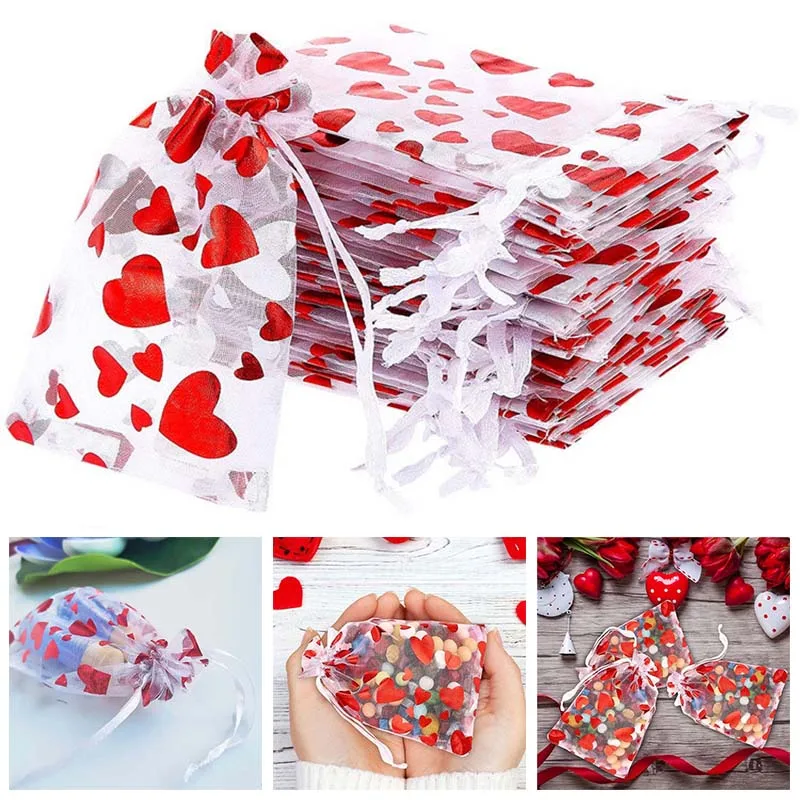 20Pcs Valentine's Day Wedding Party Gift Bags Love Heart Drawstring Organza Bag Candy Cosmetic Jewelry Beads Packaging Pounches