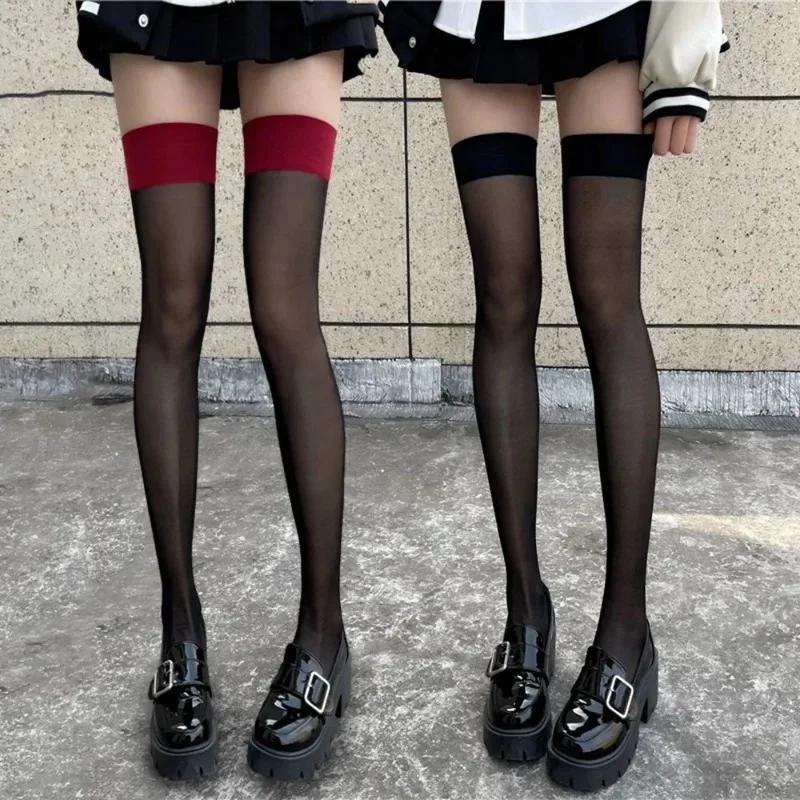 Sexy Thin Lace Stockings Women Soild Black Skin Thigh High Long Socks for Lady Girls JK Lolita Sweet Red Edge Knee Half Stocking