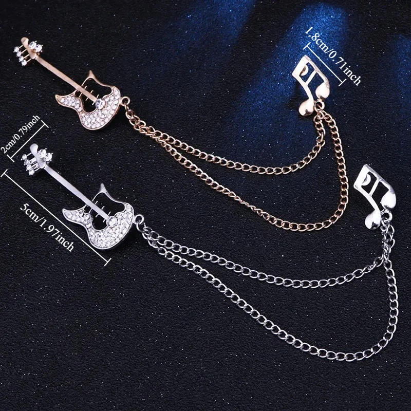 Delicate Guitar Note Brooch Suit Accessories For Men Fashion Shirt Collar Tassel Chain Lapel Brooches Pins Jewelry Party Gifts