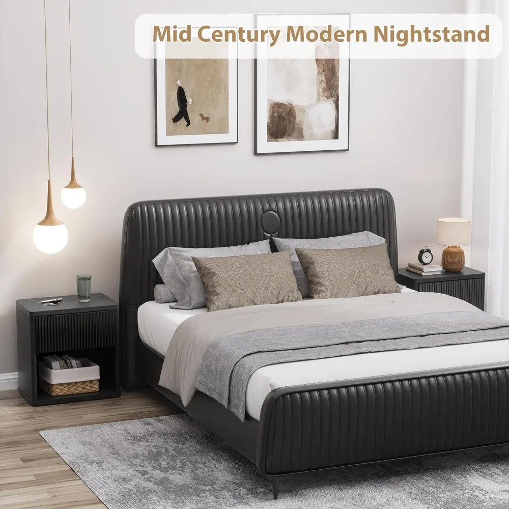 مجموعة من طاولات ليلية حديثة لمنتصف القرن مكونة من قطعتين، طاولات ليلية كبيرة سوداء مع أدراج مخفية وأرفف مفتوحة، تصميم منحني