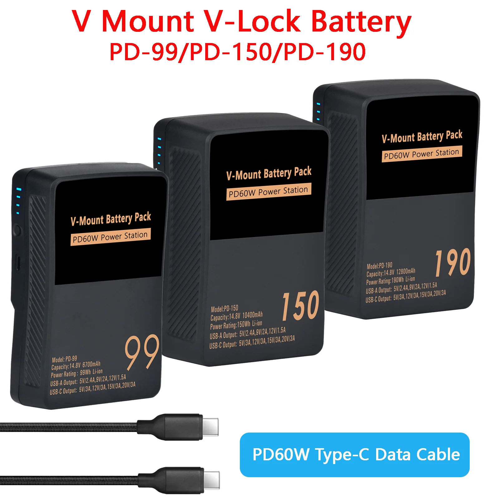 

14.8V PD-190/PD-150/PD-99 V Mount Li-ion Battery for Sony Camcorder Blackmagic Broadcast Aputure RED with PD 60W USB-C Port